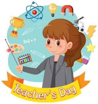 Teacher's Day with a female teacher and school objects