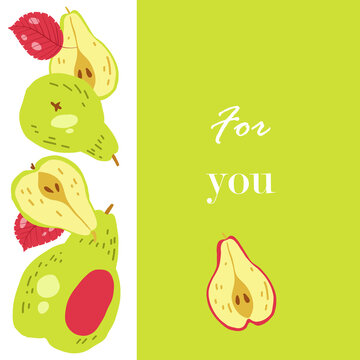 Vector postcard in green color with a white inscription with fruits