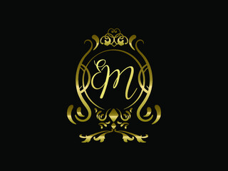 EM initial letter luxury monogram logo,elegant ornamen jewelry, emblem of love shape heart