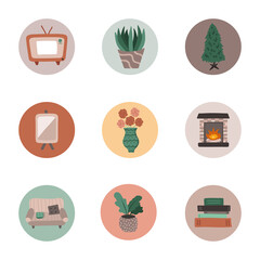 Cozy highlights for different social media, bloggers and companies about cozy home, interior in boho style. Cartoon hand drawn illustration. Retro home inside with furniture. Cozy domestic apartment.