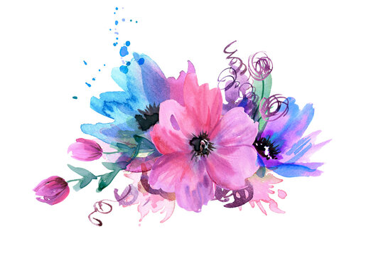 Cute watercolor flowers. For design of invitation, greeting card. High quality photo