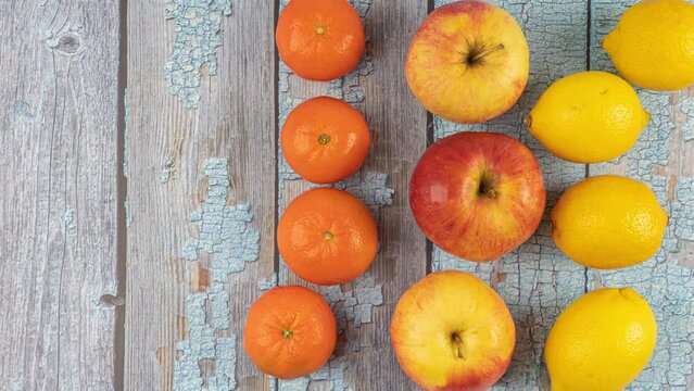 Apples, tangerines and lemons are moving.
on a blue background from the boards
frame-by-frame animation on the theme of fruits, vitamins