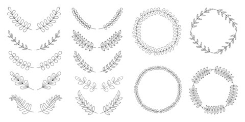 Set of floral wreath frames. Vintage book badges, highlighters, monograms, ornaments, vignettes. Branches of herbs. Doodle thin line art vector illustration. Hand drawn isolated round element.