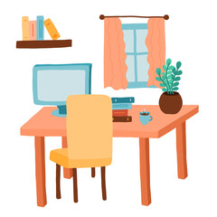 Cartoon workplace interior. Room for studying and working at home with furniture: desk, computer, coffee, chair, window, shelf with books, plant. Vector hand drawn illustration. Cozy apartment inside.