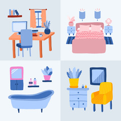 Set of detailed bedroom, living room, workplace, bathroom interior in cartoon style. Rooms with furniture, cute decor in trendy colors. Cartoon hand drawn illustration. Cozy domestic apartment inside