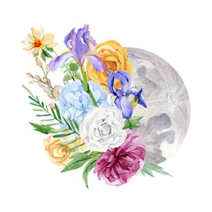 Watercolor phase of the moon with flower bouquet illustration logo design. Hand drawn rose, peony, iris, wildflower, leaves, twigs, foliage, branches wreath plants with lunar.