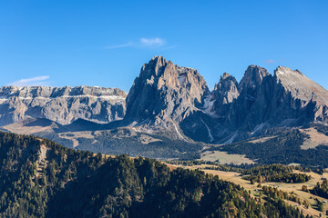 Sassolungo and Sassopiatto mountains of Langkofel Group. Seiser Alm, South Tyrol, Italy.