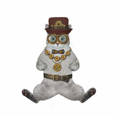 An ashen cat wears steampunk a hat, a metal belt tie and glasses. White background. Isolated.