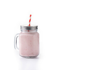 Fresh strawberry and banana smoothie in jar isolated on white background. Copy space