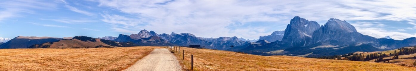 Super panorama of Seiser Alm plateau and Langkofel Group mountains range. South Tyrol, Italy.