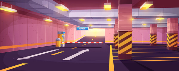Cartoon empty underground with barrier to exit and car parking payment system. Indoor interior of garage in city shopping mall with marking road, auto park places, columns and guiding arrows on floor. - obrazy, fototapety, plakaty