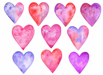 Hand drawn watercolor set of colorful hearts.Isolated on white background.Romantic illustrations for valentine's day.
