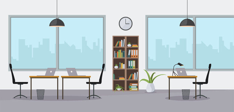 Modern office interior background. Empty workplace with chairs, tables, a shelf with books and flowerpots, laptops, trash cans, windows and lamps in cartoon style.