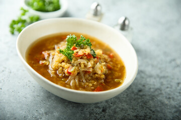 Homemade lentil soup with vegetables