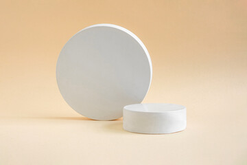 Podium for cosmetic product presentation. Abstract minimal geometrical form. Cylinder podium sphere, geometric forms, soft shadow. Scene to show products. Showcase, display case. Flat lay, side view