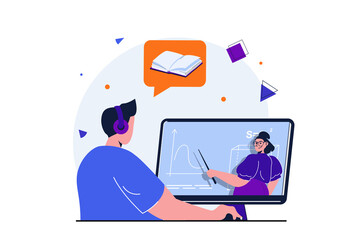 Back to school modern flat concept for web banner design. Teenager student watches video lecture on mathematics and gains new knowledge, doing homework. Vector illustration with isolated people scene