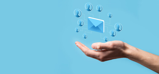 Email and user icon,sign,symbol marketing or newsletter concept, diagram.Sending email.Bulk mail.Email and sms marketing concept. Scheme of direct sales in business. List of clients for mailing.