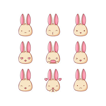 Collection of funny cute rabbit, bunny emoticon characters in different emotions. Illustration