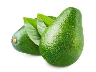 Two ripe green avocados with leaves, isolated on white background