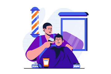 Barbershop modern flat concept for web banner design. Professional barber doing short haircut and styling to happy male client in studio with mirror. Vector illustration with isolated people scene