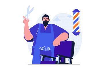 Barbershop modern flat concept for web banner design. Professional barber with scissors and combs standing by chair and waiting for client in studio. Vector illustration with isolated people scene