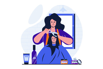 Beauty salon modern flat concept for web banner design. Hairdresser cuts hair with scissors and shapes client's bangs. Woman getting haircut in studio. Vector illustration with isolated people scene