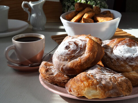 Morning coffee with buns and cookies
