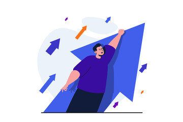 Business growth modern flat concept for web banner design. Businessman is flying on growth arrow up. Business development, success strategy, innovation. Vector illustration with isolated people scene