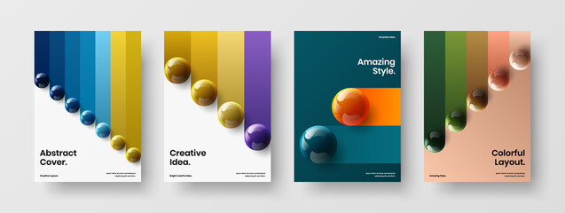 Vivid pamphlet design vector layout collection. Modern 3D balls brochure illustration bundle.