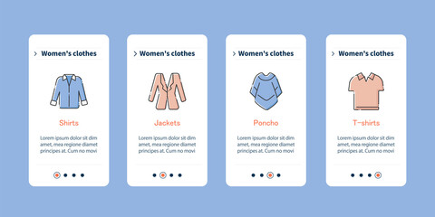  Clothes mobile app screens. Trendy shirts, jackets, poncho clothing. Fashionable clothing steps menu. Shopping. Set of UI, UX, web template with RGB color linear icons
