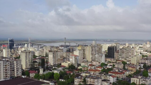 Aerial view Maputo Mozambique. Downtown is a city with skyscrapers and new architecture with the new Maputo Ketembe Bridge on the Indian Ocean in Africa.