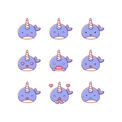 Collection of funny cute narwhal emoticon characters in different emotions. Illustration © dikabrina