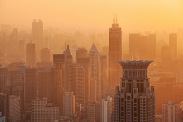 The skyline of urban architectural landscape in the Bund at sunset, Shanghai, China
