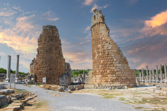 Ancient city of Perge near Antalya Turkey. The Hadrianus Arch