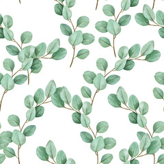 Obraz premium Seamless watercolor floral pattern - a composition of green leaves and branches on background, ideal for wrappers, wallpaper, postcards, greeting cards, wedding invitations, romantic events.