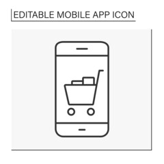  Shopping line icon. Online shopping on smartphones. Available for stores. Shopping cart. Mobile app concept. Isolated vector illustration. Editable stroke