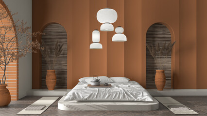 Beige and orange concrete molded plaster wall in zen eastern bedroom with master bed, lamps and decors. Cozy background with copy space. Relax showcase, interior design concept idea