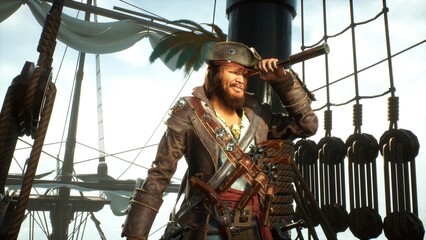 A formidable pirate on a ship looks through his spyglass. The man was created using 3D computer graphics. 3D rendering.