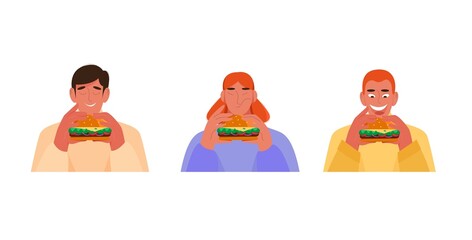 People eating burger. Vector illustration in flat style, fast food concept