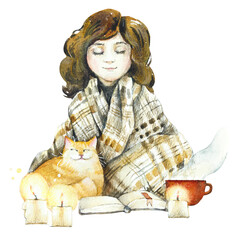 Reading a book under a blanket. Have fun on autumn weekend. Autumn season. Nature and people. Watercolor hand drawn illustration