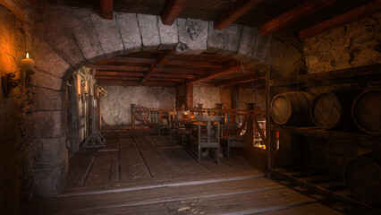 Fototapeta na wymiar Medieval tavern interior with stone walls, wooden floor, tables with food and drink, barrels of wine or ale. 3D rendering.