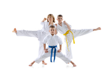 Three sportive kids, little boys, taekwondo or karate athletes in doboks posing isolated on white background. Concept of sport, martial arts © master1305