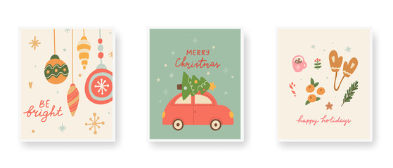 Fototapeta na wymiar Merry Christmas unique hand drawn poster set. Red car with xmas tree, balls, candy cane, snowflakes. Happy Holidays greeting card. Hand lettering be bright. Cute winter design. Vector illustration