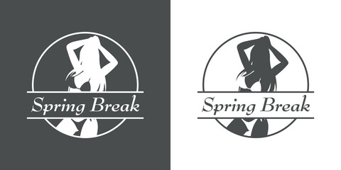 Logotipo con texto Spring Break con silueta de mujer con bikini en espacio negativo en círculo lineal en fondo gris y fondo blanco