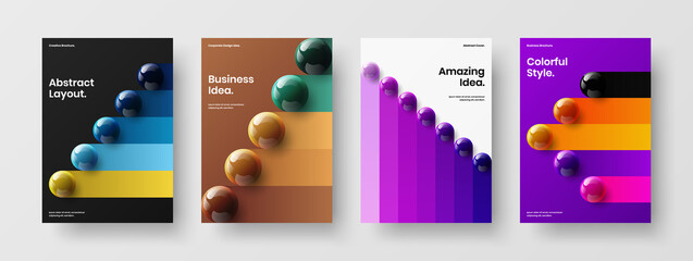 Geometric 3D balls postcard concept collection. Multicolored company brochure A4 design vector template set.