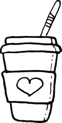 A glass of coffee. Coffee to take away. Black and white vector doodle illustration.