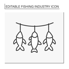  Food line icon. Dried fish on hook. Fishing industry concept. Isolated vector illustration. Editable stroke