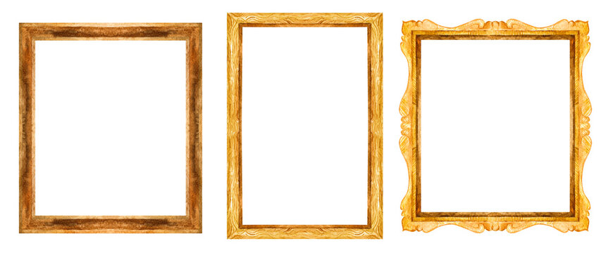 Watercolor illustration of an artistic baguette, a set of wooden frames isolated on a white background.