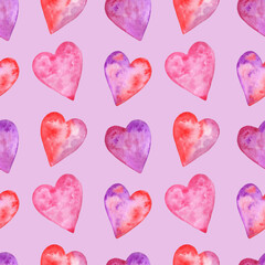 Seamless watercolor colorful hearts pattern on violet background.Good for valentine's day,birthday,wrapping paper.