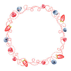 Watercolor round frame of red thread and berries on an isolated white background, romantic background with crystals, strawberries and blueberries.
